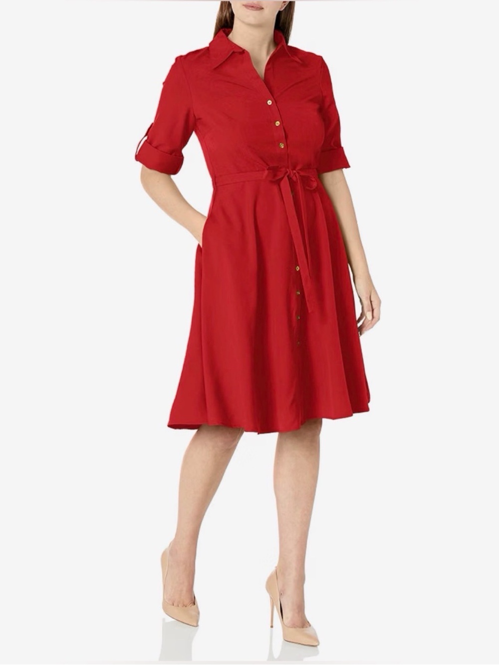 SHARAGANO Roll Tab Sleeve Button Front Shirt Dress Fit & Flare Midi Red Sz 14